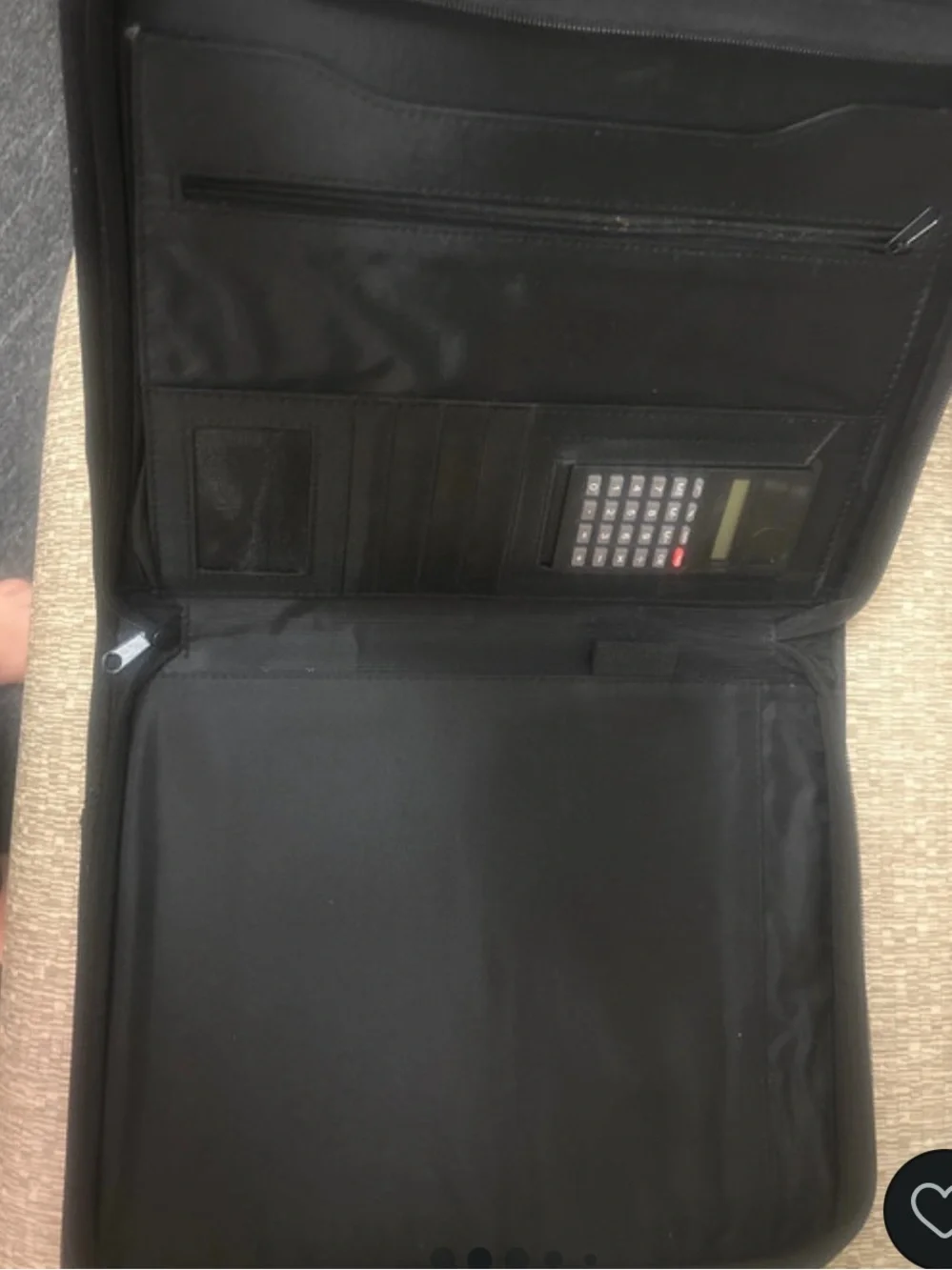 “Pre-Owned” Large Black Faux Leather Zip Around Portfolio W/Built In Calculator.